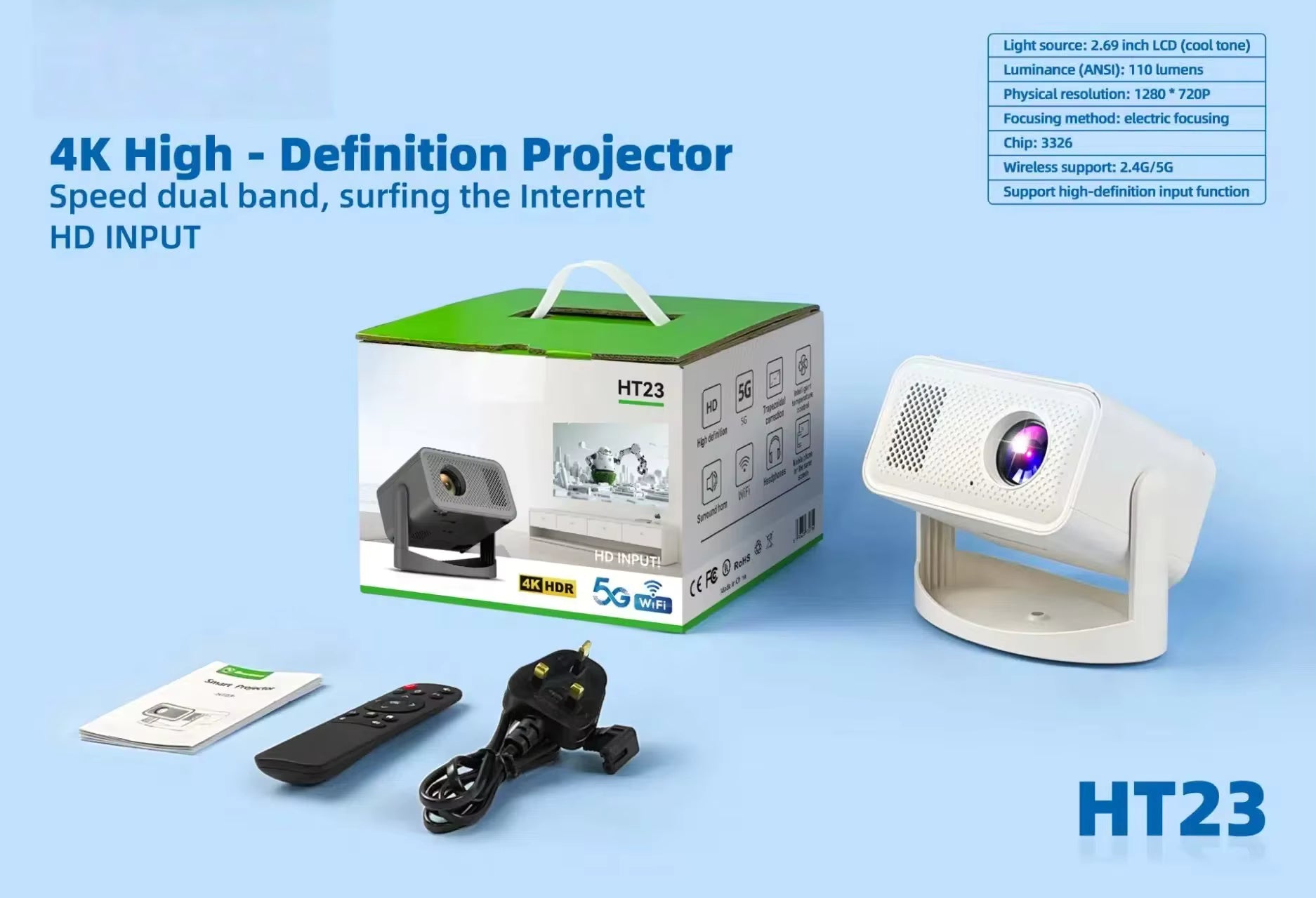 KaiAqua Projector HT23 PLUS 4K Android 11 Dual Wifi6 260ANSI Allwinner H713 BT5.0 1080P 1280*720P Home Cinema Outdoor Projector