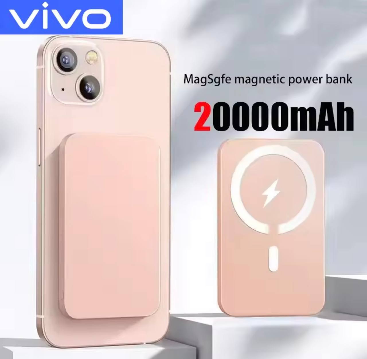Vivo phone with a magnetic power bank attached on a light gray background